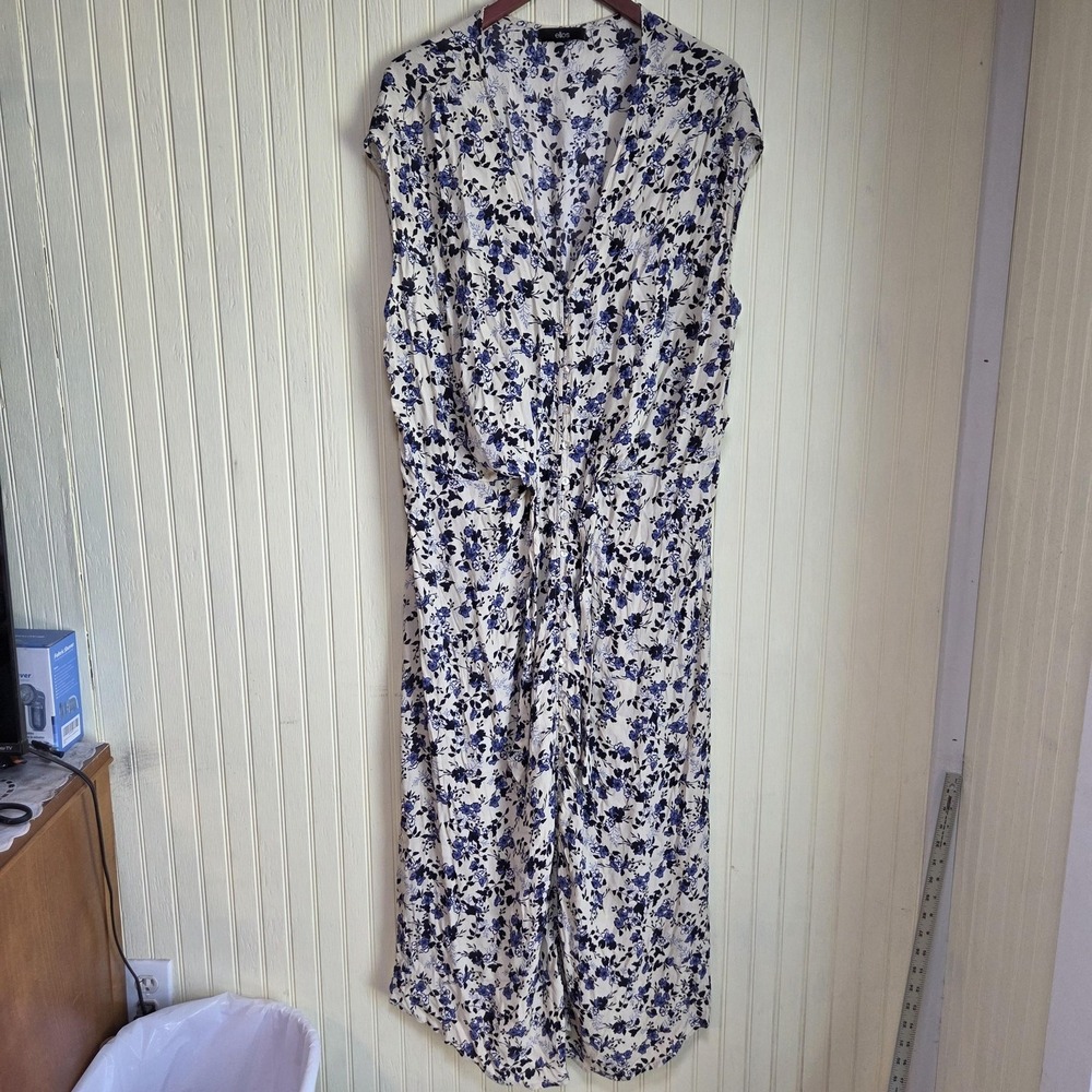 Ellos Dress Womens 22 White Blue Floral Short Sleeve V Neck Maxi Sundress Casual